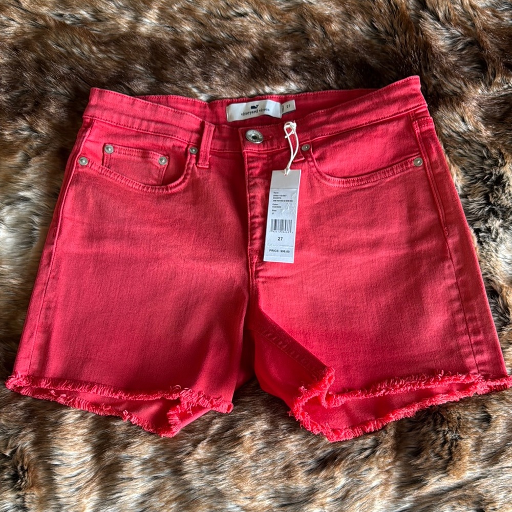 Women's Coral Red Denim Shorts